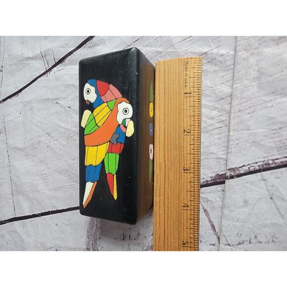 Wooden Hand Painted Trinket Box With Parrot, Flowers & Leaves Design 4in x 1in - Picture 9 of 9